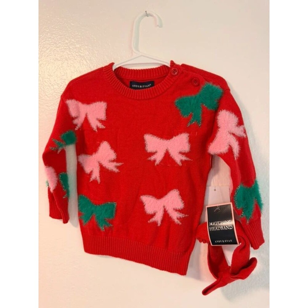 NWT Andy & Evan Christmas Sweater & Headband Set Baby Girl 9-12M Red Bows